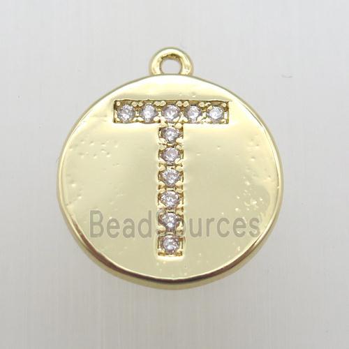 copper letter-T pendant pave zircon, gold plated