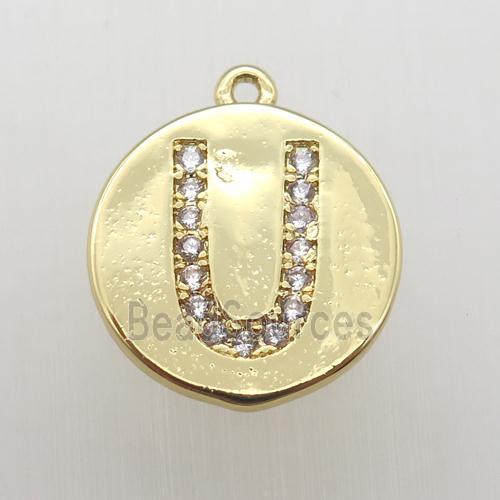 copper letter-U pendant pave zircon, gold plated