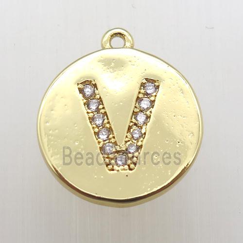 copper letter-V pendant pave zircon, gold plated