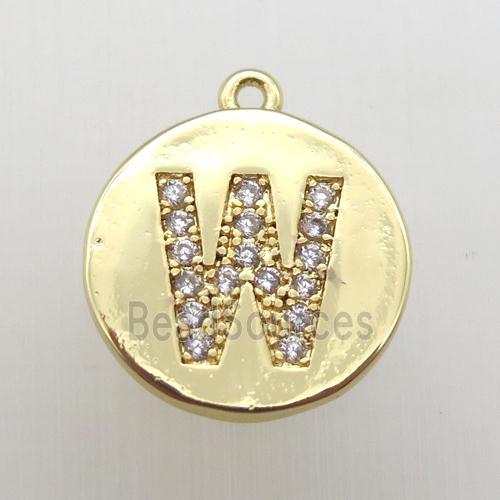 copper letter-W pendant pave zircon, gold plated