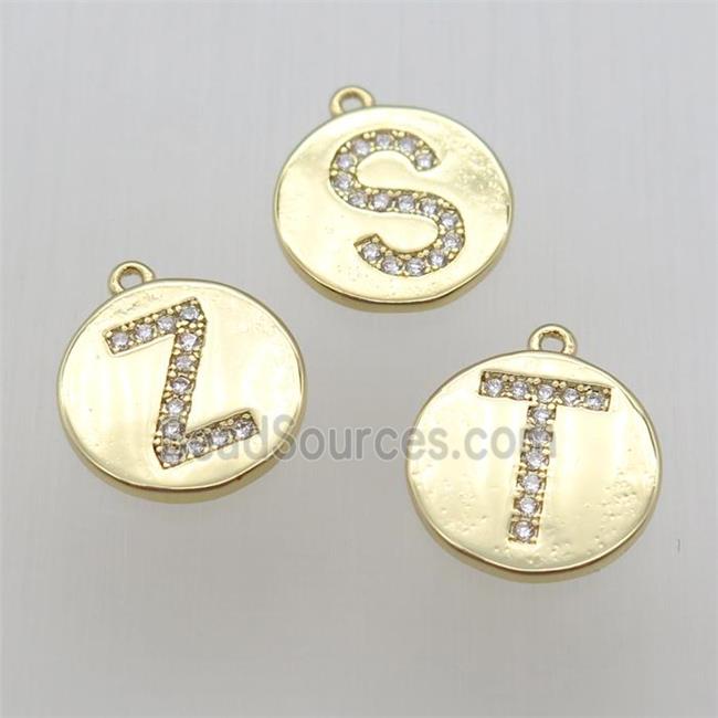 copper letter pendant pave zircon, gold plated, mixed