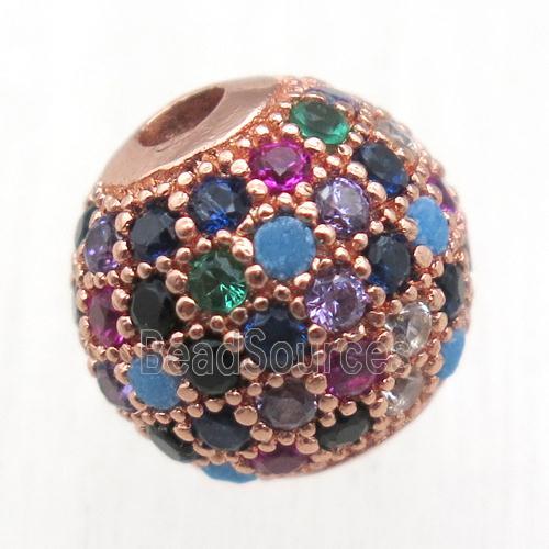 round copper beads pave zircon, multi color, rose gold