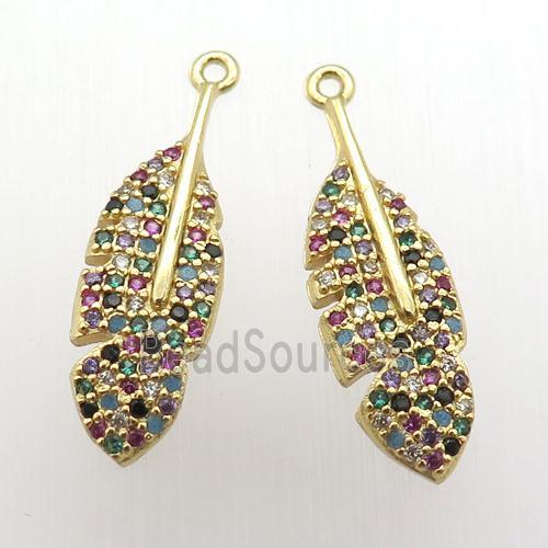 copper leaf pendant pave zircon, multi color, gold plated