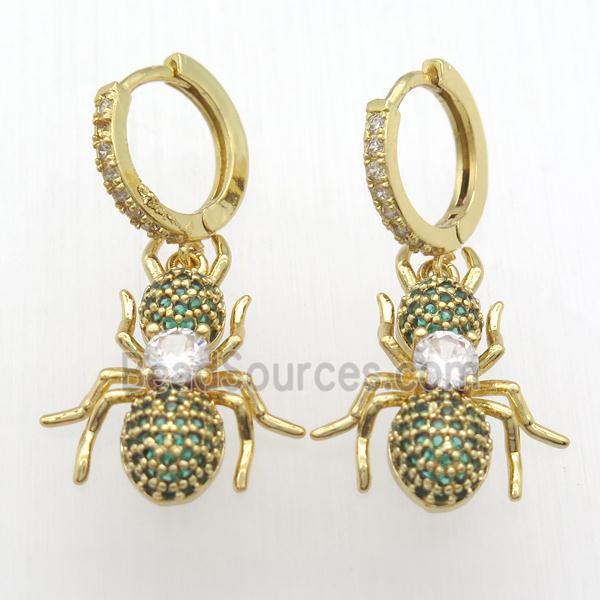 copper hoop earrings pendant pave zircon, ant, gold plated