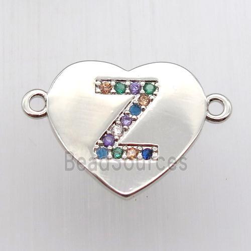 copper letter connector, heart, platinum plated