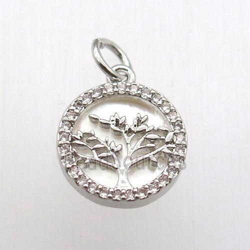 copper pendant pave zircon, tree of life, platinum plated