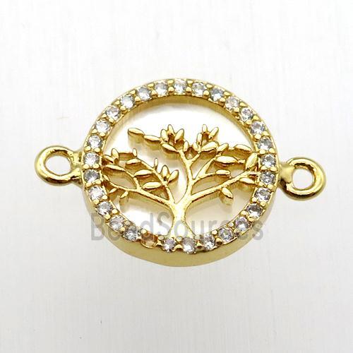 copper connector pave zircon, tree of life, gold plated