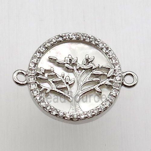 copper connector pave zircon, tree of life, platinum plated