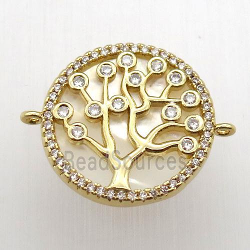 copper connector pave zircon, tree of life, gold plated