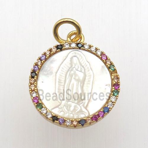 copper circle pendant pave zircon, shell Jesus, gold plated