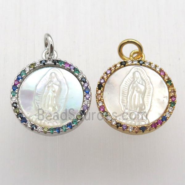 copper circle pendant pave zircon, shell Jesus, mixed color