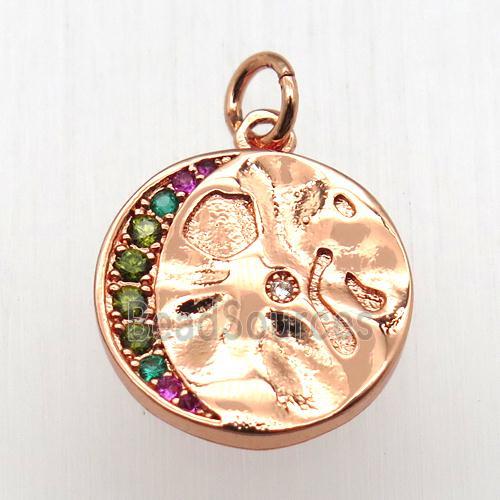 copper circle moon pendant pave zircon, rose gold