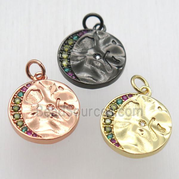 copper circle moon pendant pave zircon, mixed color