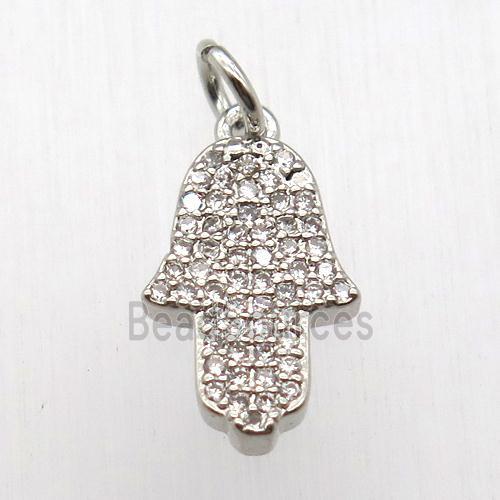 copper hamsahand pendant pave zircon, platinum plated