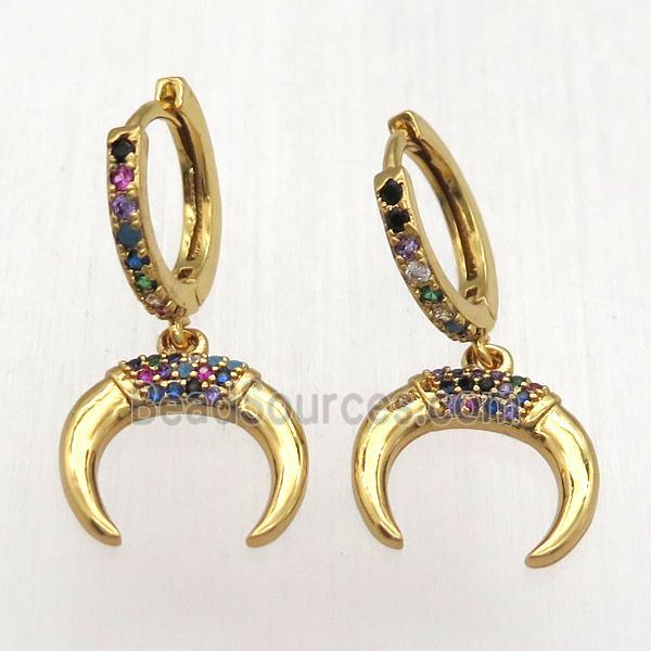 copper crescent Hoop Earrings pave zircon, gold plated