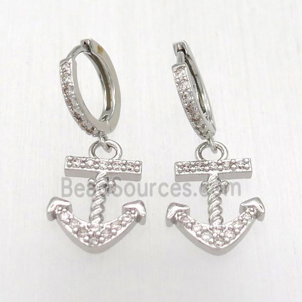 copper anchor Hoop Earrings pave zircon, platinum plated