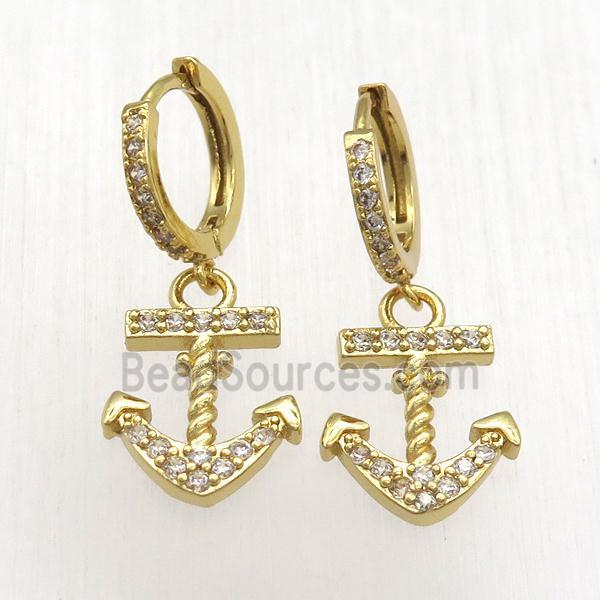 copper anchor Hoop Earrings pave zircon, gold plated