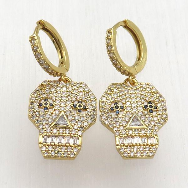 copper skull Hoop Earrings pave zircon, gold plated