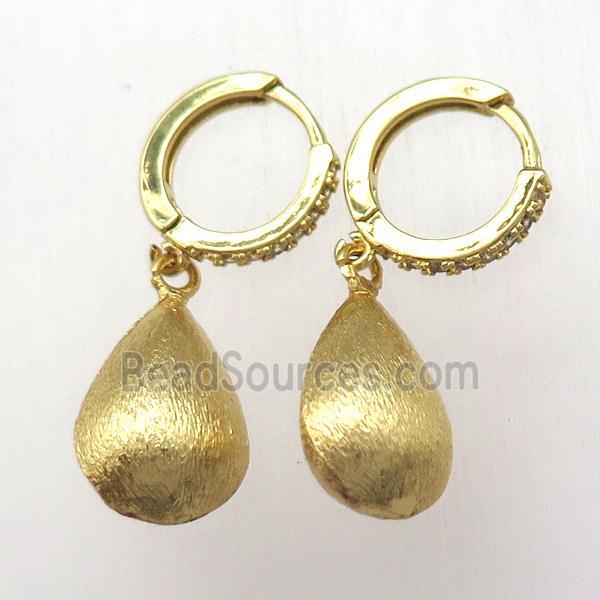 brushed copper teardrop Hoop Earrings pave zircon, gold plated