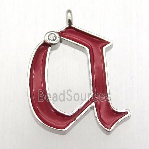 copper letter-A pendant pave zircon, red Enameling, platinum plated