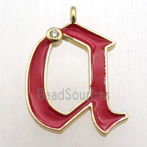 copper letter-A pendant pave zircon, red Enameling, gold plated