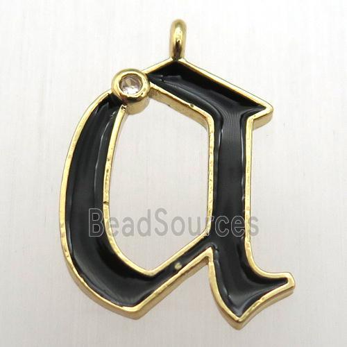 copper letter-A pendant pave zircon, black Enameling, gold plated