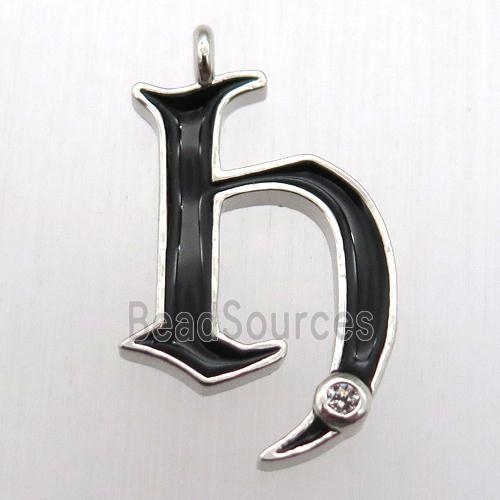 copper letter-H pendant pave zircon, black Enameling, platinum plated