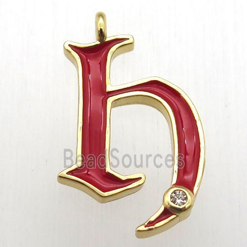 copper letter-H pendant pave zircon, red Enameling, gold plated