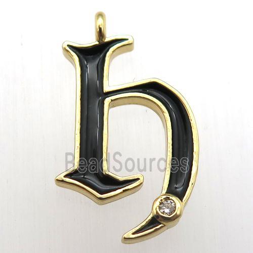 copper letter-H pendant pave zircon, black Enameling, gold plated