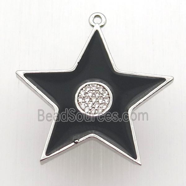 copper star pendant paved zircon, black enameling, platinum plated