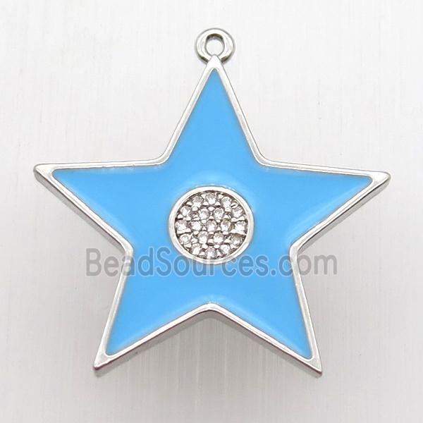 copper star pendant paved zircon, blue enameling, platinum plated