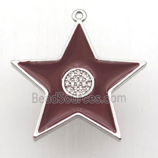 copper star pendant paved zircon, red enameling, platinum plated