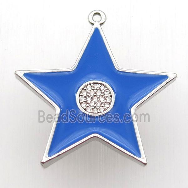 copper star pendant paved zircon, blue enameling, platinum plated