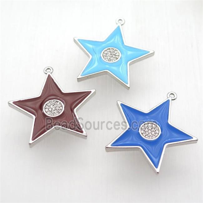 copper star pendant paved zircon, enameling, platinum plated, mixed