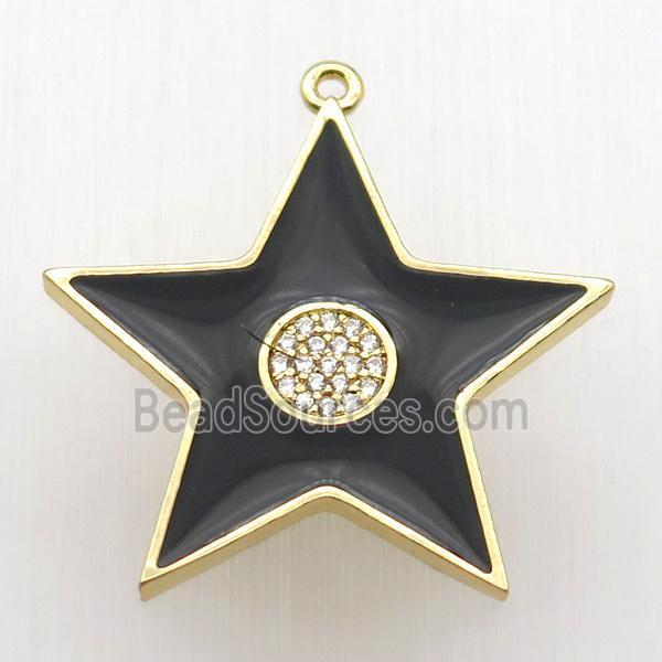 copper star pendant paved zircon, black enameling, gold plated