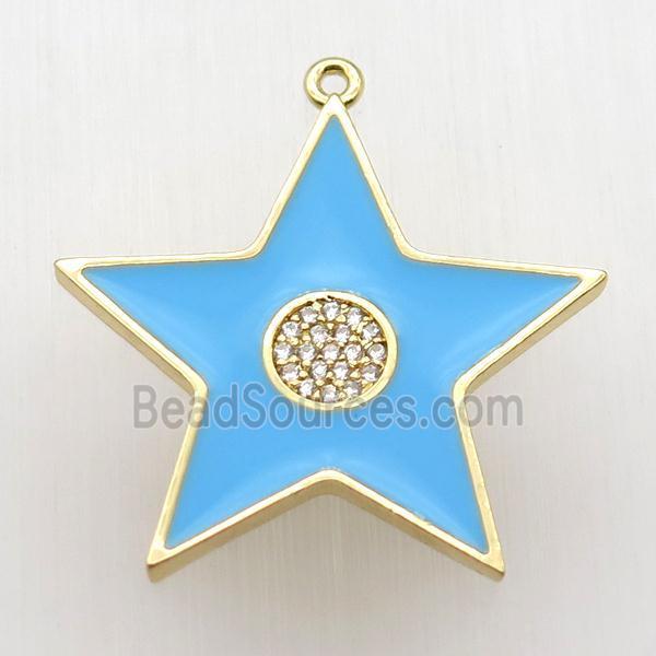 copper star pendant paved zircon, blue enameling, gold plated