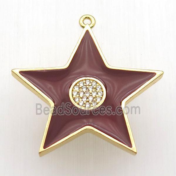 copper star pendant paved zircon, red enameling, gold plated