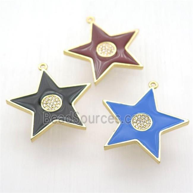 copper star pendant paved zircon, enameling, gold plated, mixed