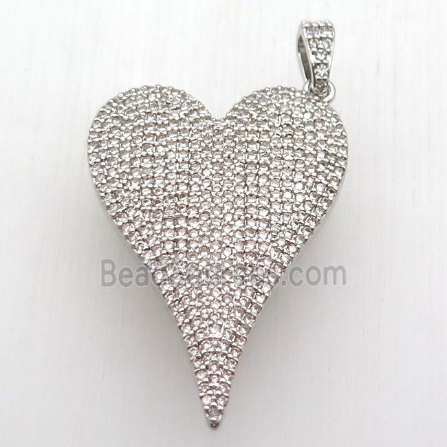 copper heart pendant paved zircon, platinum plated