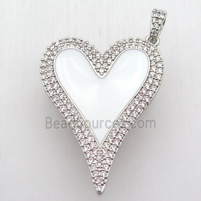 copper heart pendant paved zircon, white enameling, platinum plated