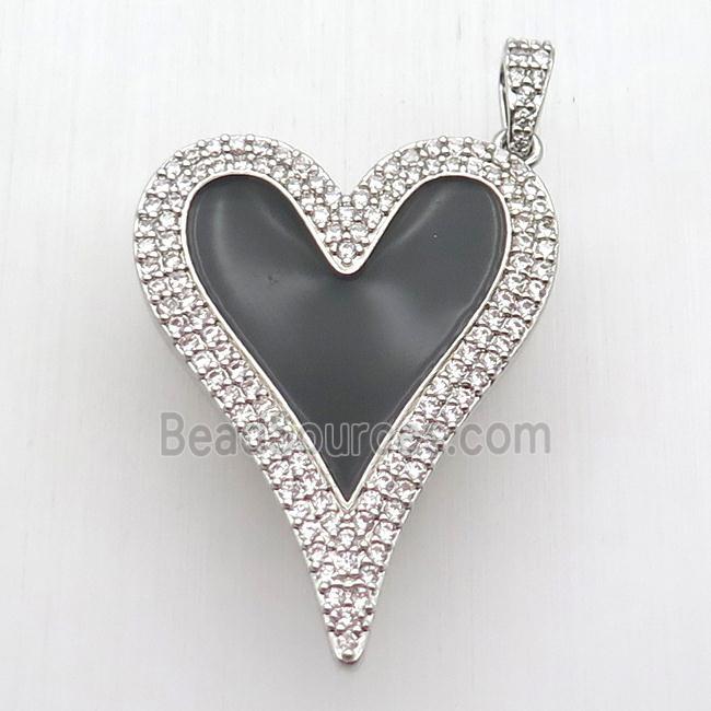 copper heart pendant paved zircon, black enameling, platinum plated