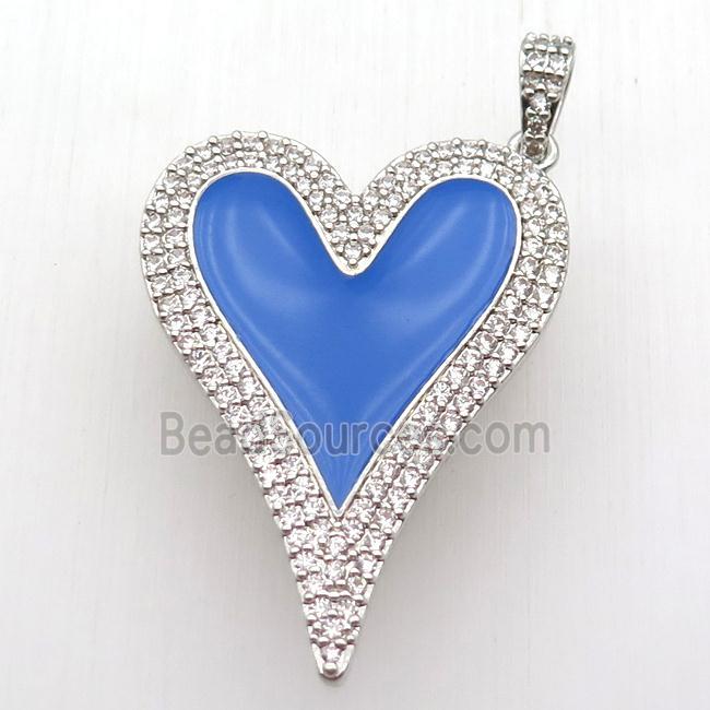 copper heart pendant paved zircon, blue enameling, platinum plated