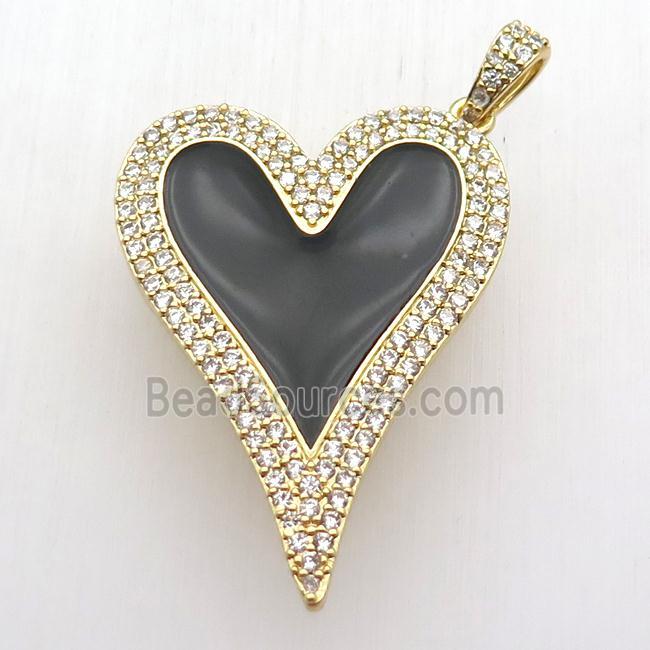 copper heart pendant paved zircon, black enameling, gold plated