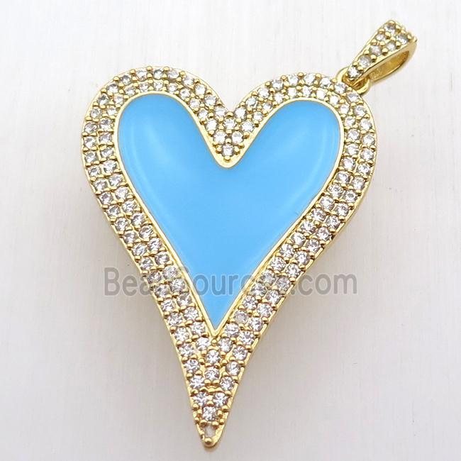 copper heart pendant paved zircon, blue enameling, gold plated