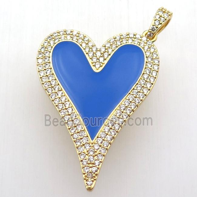 copper heart pendant paved zircon, blue enameling, gold plated