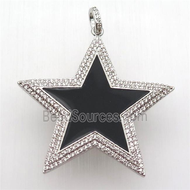 copper star pendant paved zircon, black enameling, platinum plated