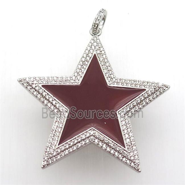 copper star pendant paved zircon, red enameling, platinum plated