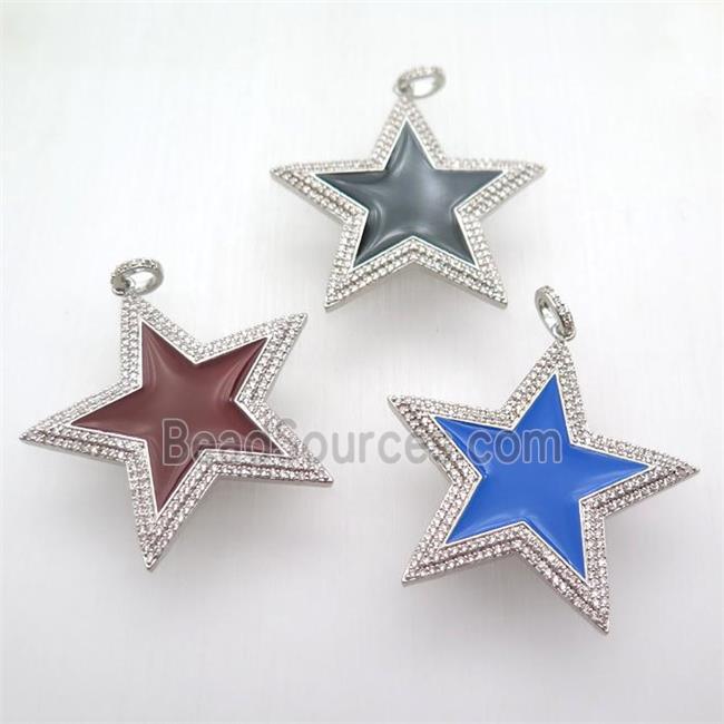 copper star pendant paved zircon, enameling, platinum plated, mixed