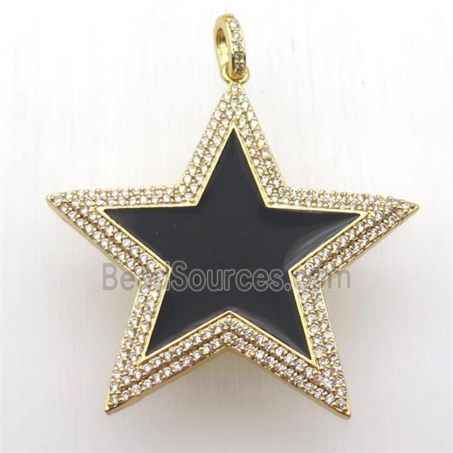 copper star pendant paved zircon, black enameling, gold plated