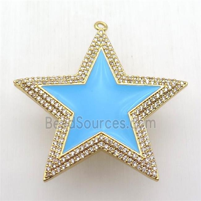 copper star pendant paved zircon, blue enameling, gold plated